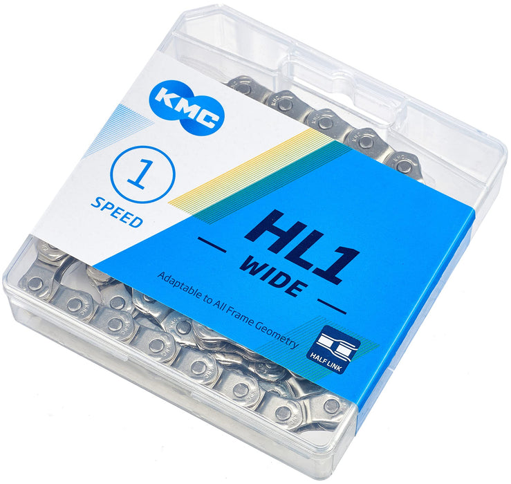 KMC Bike Chain HL1, Half Link BMX Chain, Maximum Adjustability, Super Smooth Single Speed Chain, Nickel Plated Bicycle Chain, Bike Chain with Bullet Joining Pin, 1/2" X 1/8" - 100 Links