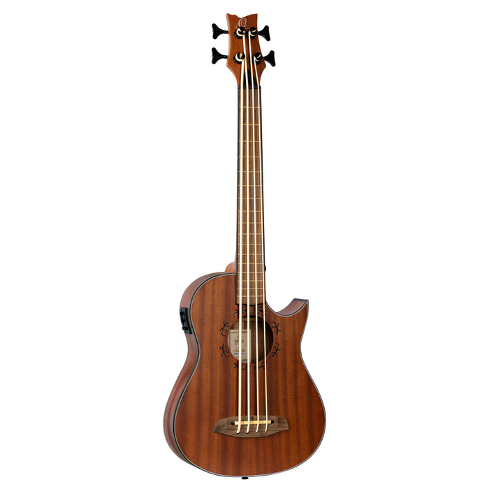 ORTEGA Lizard Series Short Scale Fretless Uke Bass 4 String - Solid Mahogany Natural + Bag