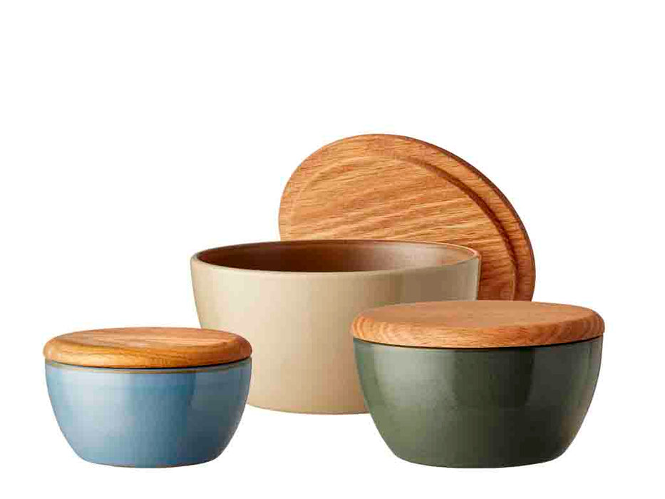 Bitz Stoneware bowl set with lid 3pcs wooden 26778