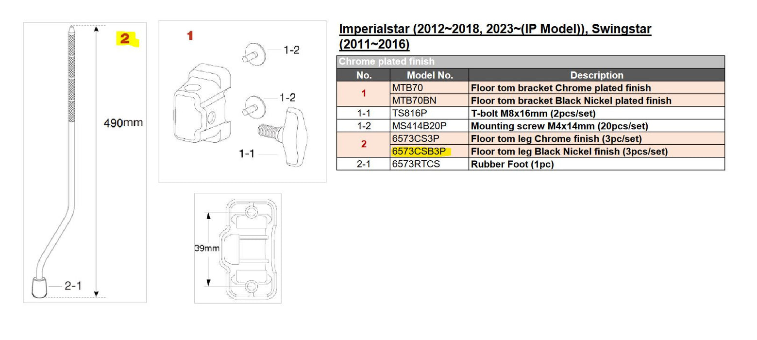 TAMA Floor tom leg (3pc/set) for Imperialstar (2012~2018, 2023~(IP Model)), Swingstar (2011~2016) - Black Nickel