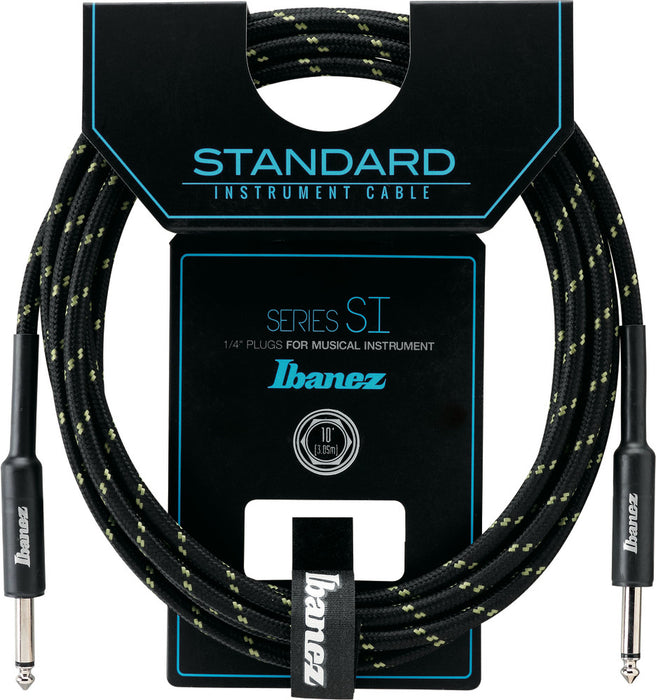 IBANEZ SI Series (Standard) Guitar Instrument Cable- 2 Straight Plugs Woven - Male - Male, Black x Green - 3,05 m / 10 ft