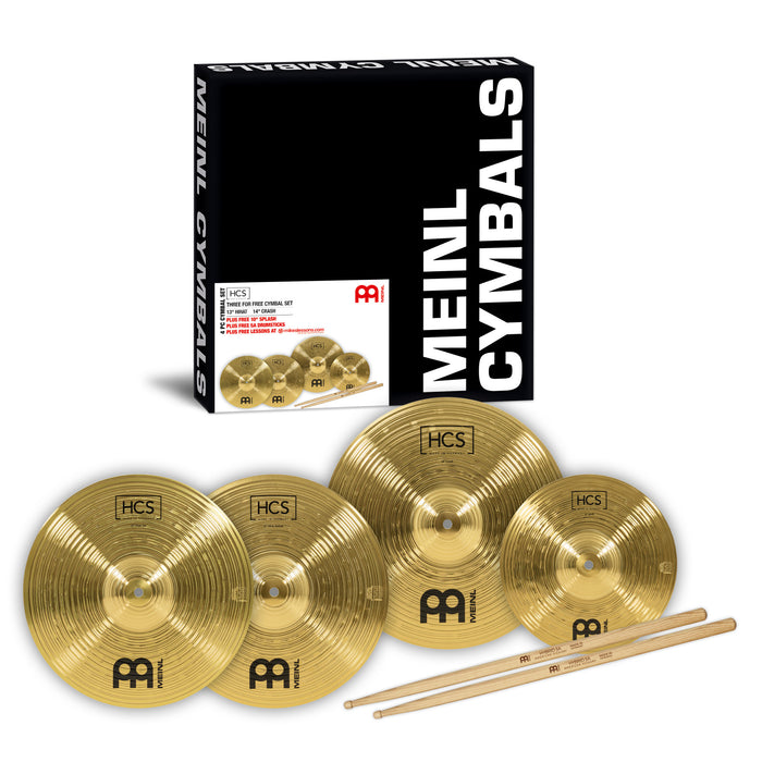 MEINL Cymbals HCS Bonus Pack with 13" Hihat + 14" Crash + 10" Splash - + MEINL Stick & Brush SB106 Hybrid Drumsticks