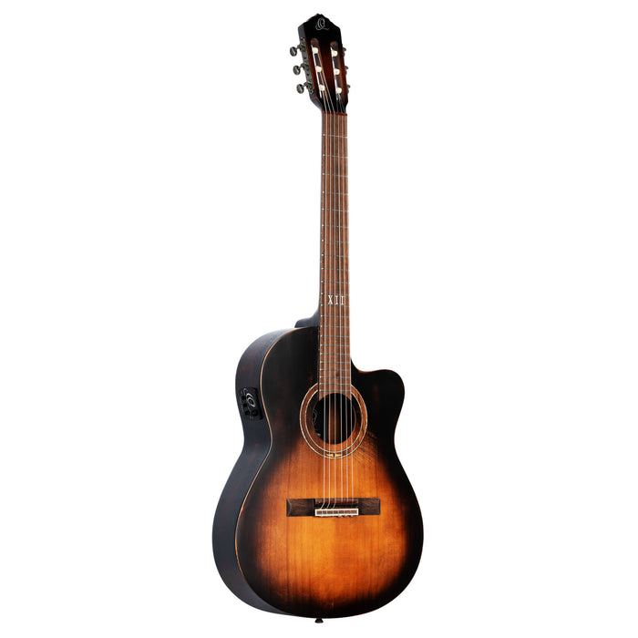 ORTEGA The Private Room 4/4 Nylon String Guitar, Thinline 6-String - Distressed Tobacco Sunburst + Gig Bag
