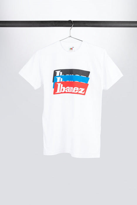 White Ibanez t-shirt with colorful "Ibanez" frontprint