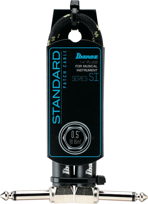 IBANEZ SI Series (Standard) Guitar Instrument Cable - Patch Cable 2 Right Angle Plug Woven - Male - Male, Black x Green - 0,15 m / 0,5 ft