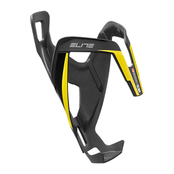 Elite Vico Carbon Cage (Matte Black, Yellow Graphic) – Ultra-Lightweight Italian Carbon Fiber Bottle Cage