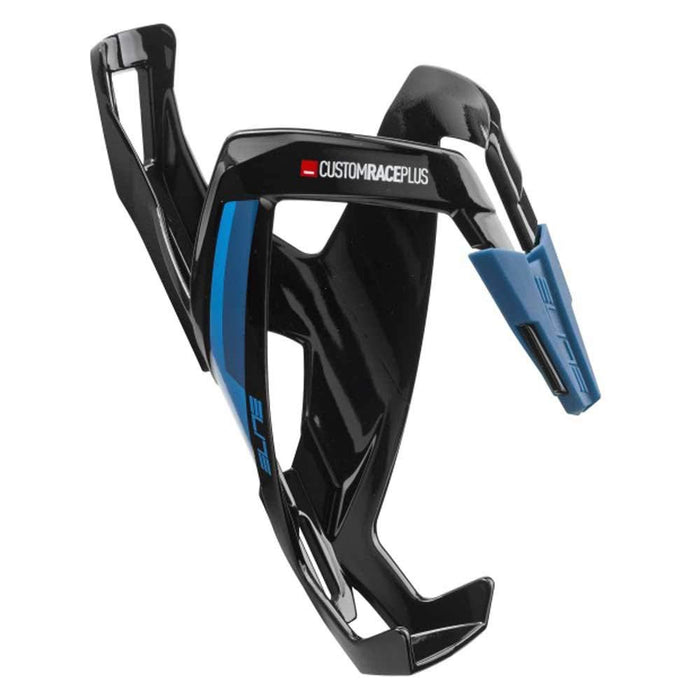 Elite Custom Race Plus Bottle Cage, Glossy Black with Blue Graphic – Secure and Versatile Bottle Retention