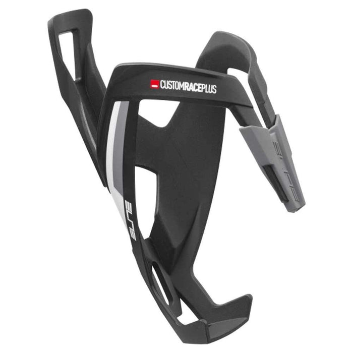 Elite Custom Race Plus Bottle Cage, Matte Black with White Graphic – Secure and Versatile Bottle Retention