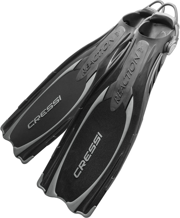 Cressi Reaction Open Heel Fins with Bungee Straps - Black/Silver, X-Small/Small