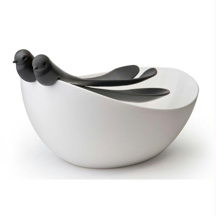 Qualy Sparrow white and black salad bowl and spoons set QL10098-BK