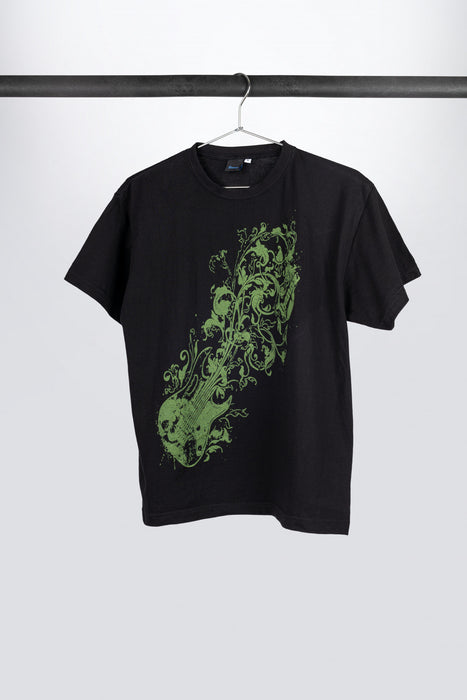 Black Ibanez t-shirt with imprinted green "JEM" logo on chest