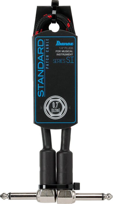 IBANEZ SI Series (Standard) Guitar Instrument Cable - Patch Cable 2 Right Angle Plug Woven - Male - Male, Black x Wine - 0,21 m / 0,7 ft