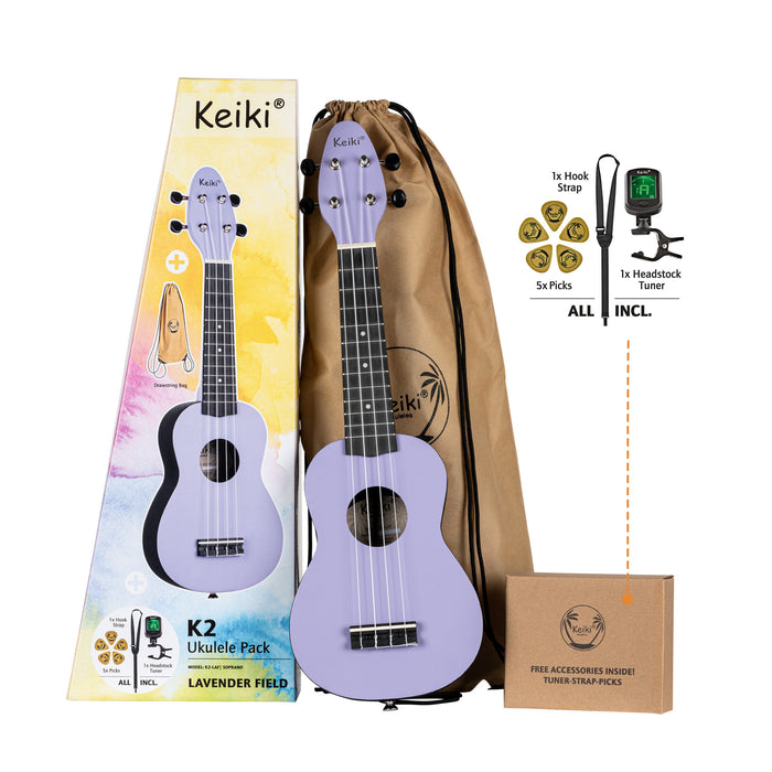 KEIKI K2 Series Soprano Ukulele Set - Agathis / ABS Lavender Field