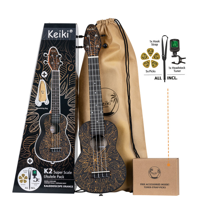 KEIKI K2 Series Superscale Soprano Ukulele Set - Agathis / Orange Kaleidoscope