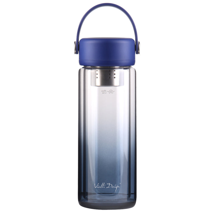 Vialli Design glass bottle with double wall and infuser 350ml FUORI navy blue 0183