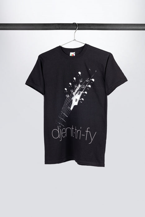 Black Ibanez t-shirt with white "djent-tri-fy" frontprint