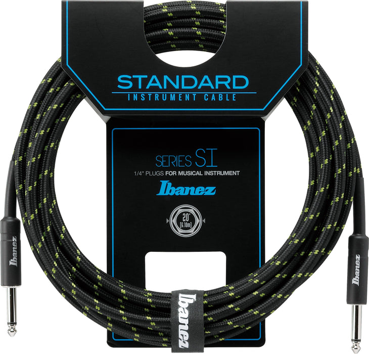 IBANEZ SI Series (Standard) Guitar Instrument Cable - 2 Straight Plugs Woven - Male - Male, Black x Green - 6,10 m / 20 ft