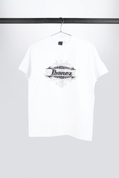 White Ibanez t-shirt with grey "Tribal" frontprint