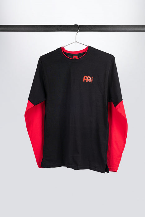 Black Meinl longsleeve with red sleeves and logo on left chest and back