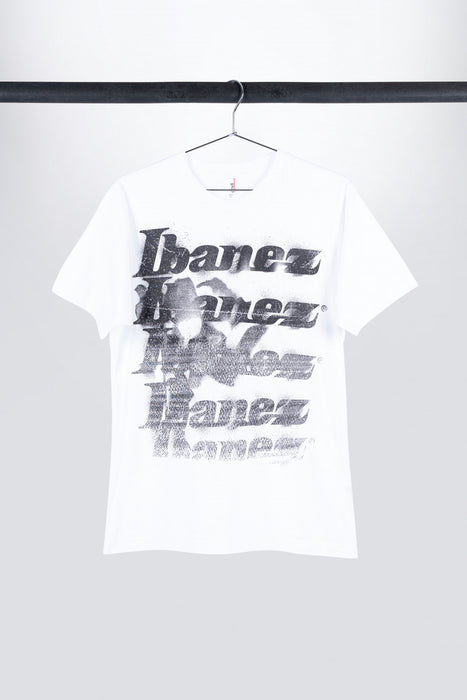 White Ibanez t-shirt with imprinted black "Spray Paint" logo on chest