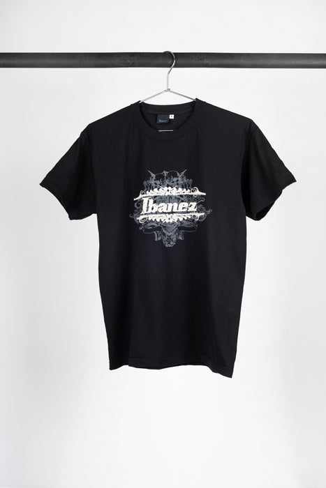 Black Ibanez t-shirt with embroidered tribal logo on chest