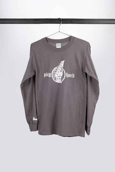 Grey Ibanez longsleeve with white "Play Hard" logo
