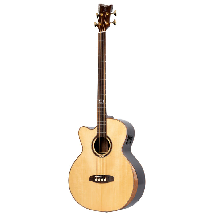 ORTEGA The Private Room Medium Scale Acoustic Bass 4 String Lefty - Spruce / Striped Ebony Natural + Bag