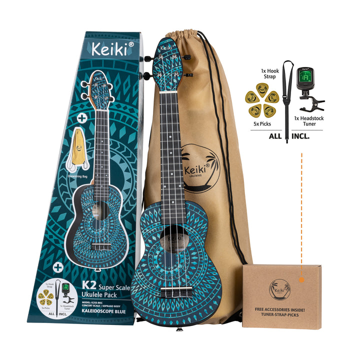 KEIKI K2 Series Superscale Soprano Ukulele Set - Agathis / Blue Kaleidoscope