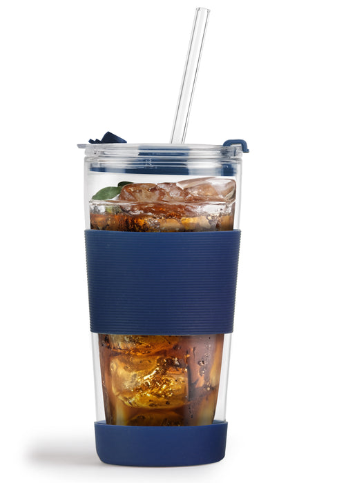 Vialli Design thermal glass mug with straw 600 ml FUORI navy blue 0381