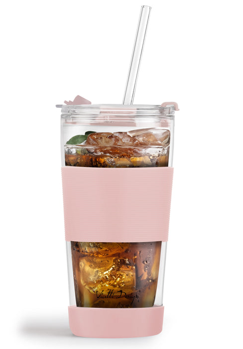 Vialli Design thermal glass mug with straw 600 ml FUORI pink 0411