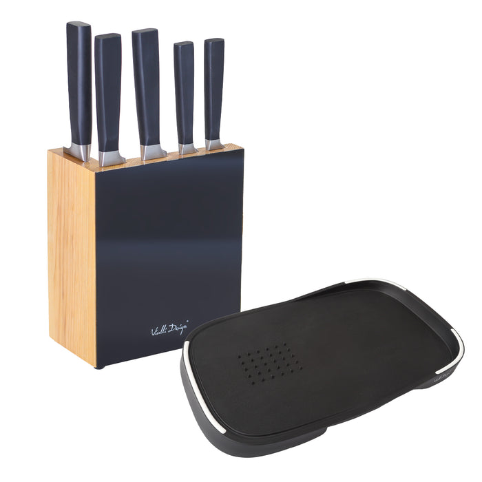 Vialli Design Set of 5 knives in FINO block with Livio board black 0473